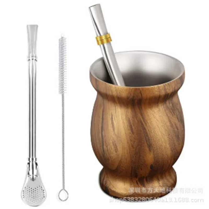 Juego de taza de yerba mate de 230 ml de acero inoxidable. Incluye cepillo de limpieza doble, pajita, taza aislante anti-quemaduras. Utensilios de té para el hogar.