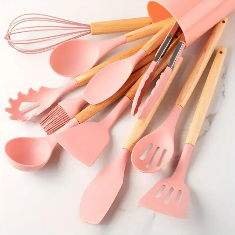 Juego de 12 piezas de utensilios de cocina de silicona multicolor con mango de madera, antiadherentes, espátula y cuchara, resistentes al calor.