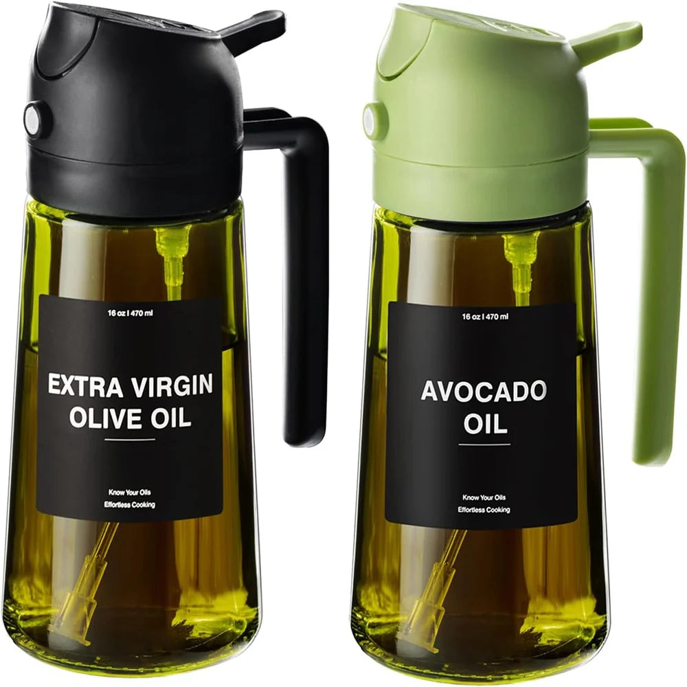 Pulverizador de aceite de 470 ml para cocinar, dispensador de aceite de oliva y botella pulverizadora 2 en 1, pulverizador de aceite con pegatinas, botella pulverizadora de vidrio grueso
