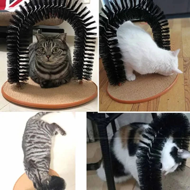 Arco de juguete para gatos, auto-aseo, mima a tu felino con un cepillo de masaje y frotamiento con rascador, juguete interactivo para gatos.