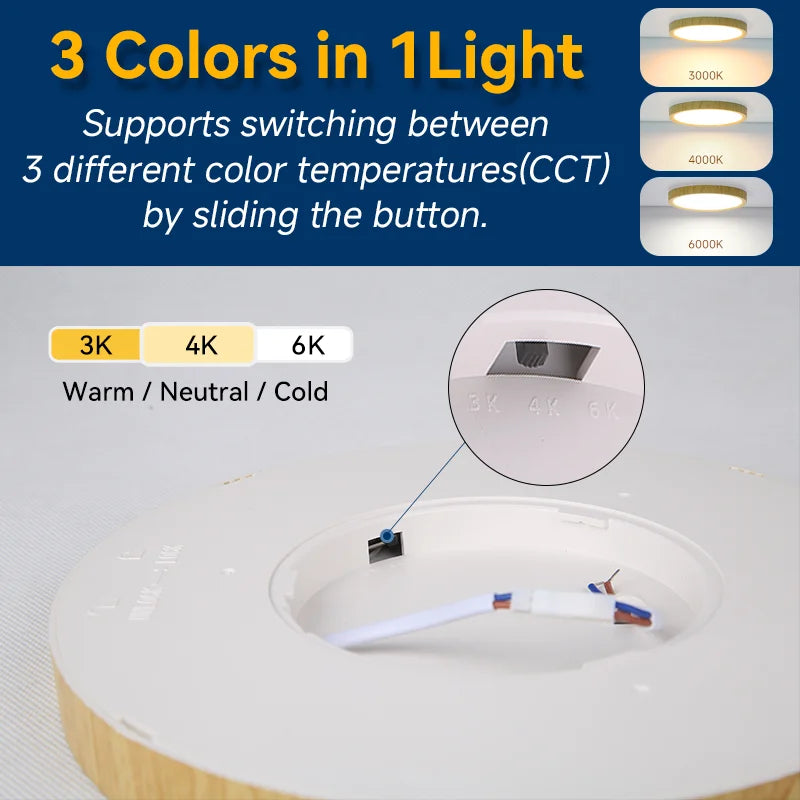 Lámpara de techo LED ultrafina de 2,2 cm, resistente al agua, 3 colores, con acabado de madera, para baño, dormitorio, sala de estar y hogar.