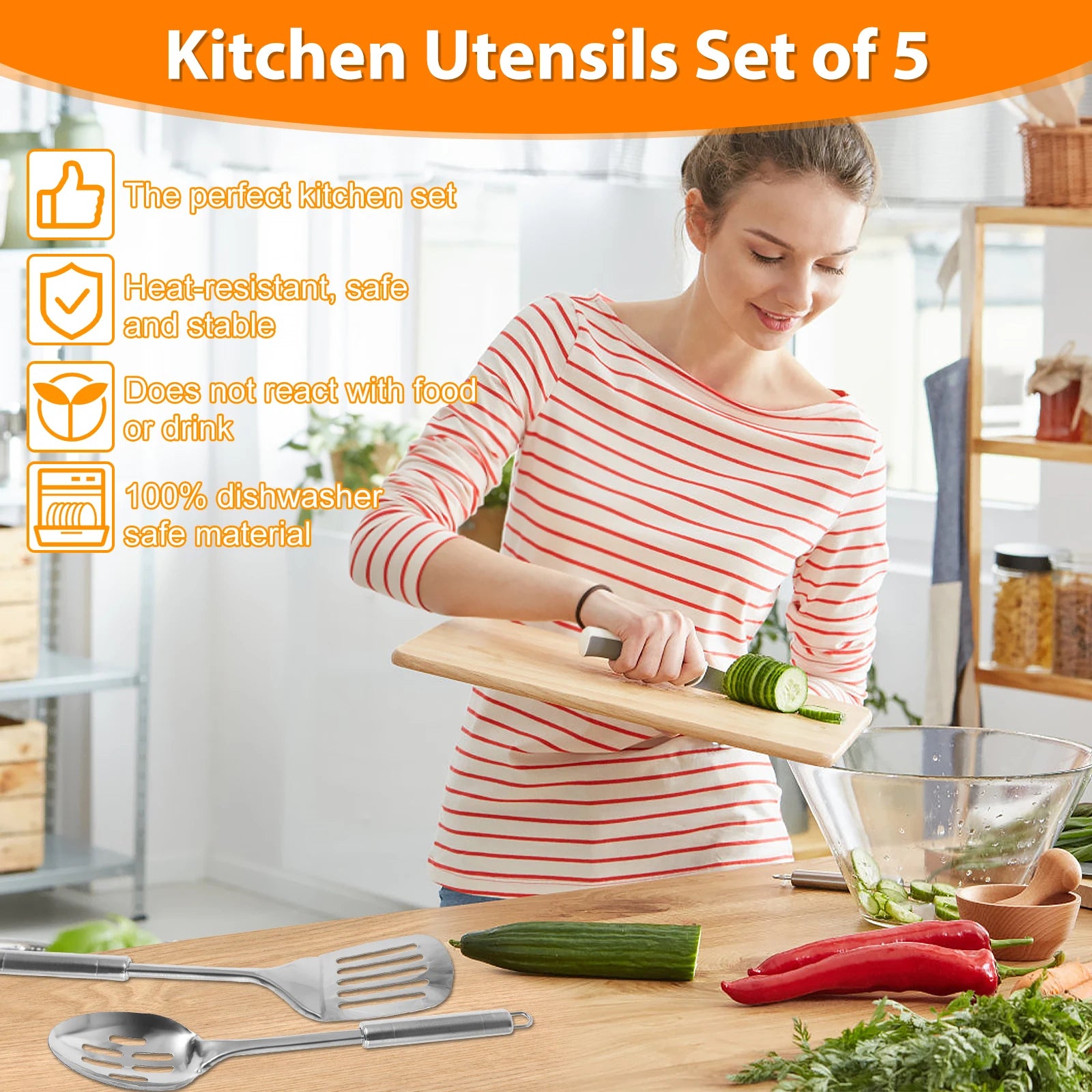 Juego de 5 utensilios de cocina de acero inoxidable duraderos, cucharas, espátulas y utensilios lavables.