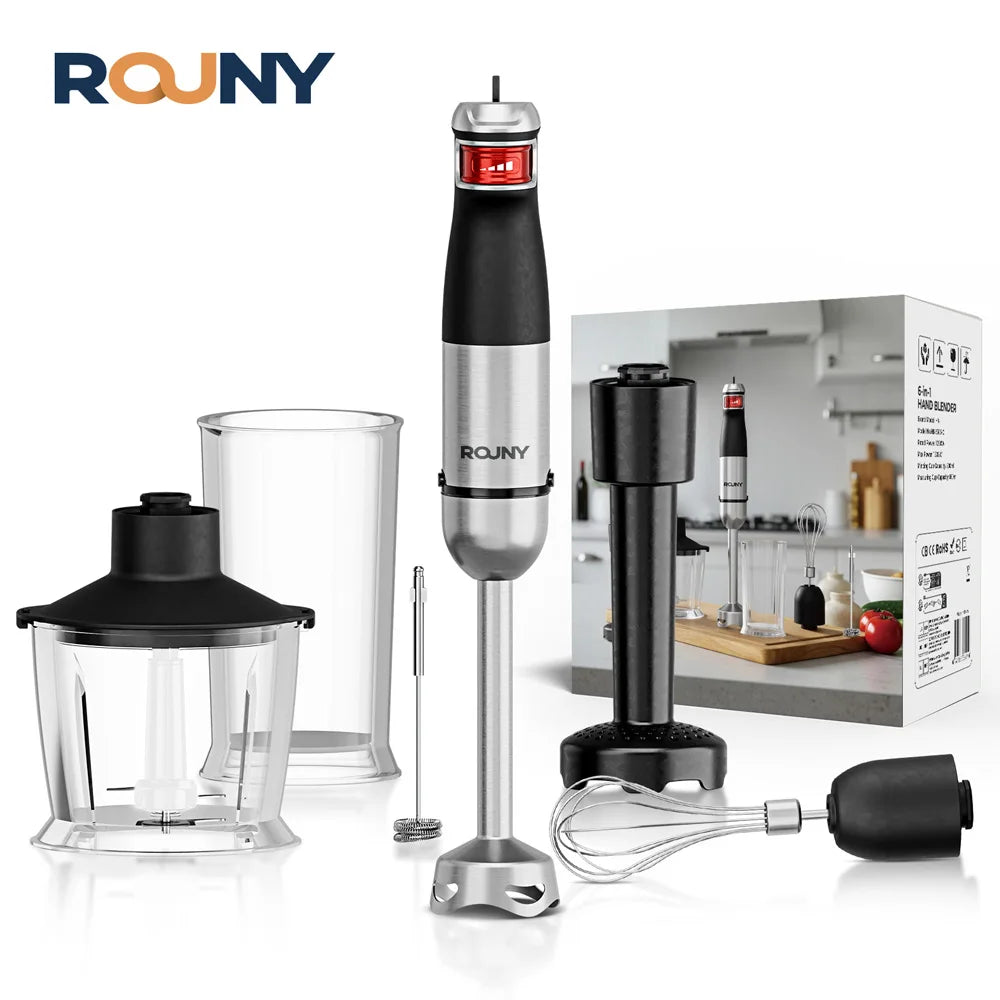 Batidora de mano eléctrica 6 en 1, batidora de inmersión multiusos, cuchillas de acero inoxidable, para el hogar y la cocina, potencia máxima de 1500 W.