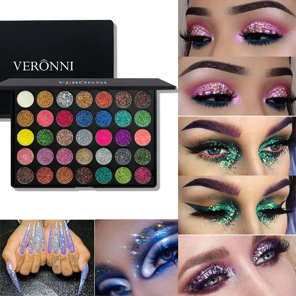 Paleta de sombras de ojos con lentejuelas de diamante de 35 colores, polvo brillante de alta pigmentación con purpurina y acabado satinado, maquillaje de larga duración e impermeable.