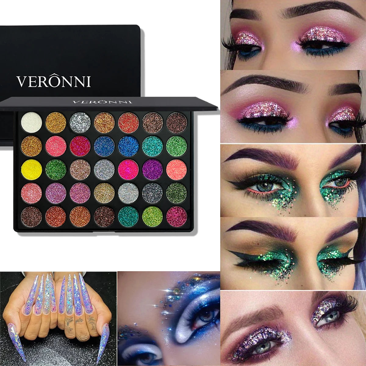 Paleta de sombras de ojos con lentejuelas de diamante de 35 colores, polvo brillante de alta pigmentación con purpurina y acabado satinado, maquillaje de larga duración e impermeable.