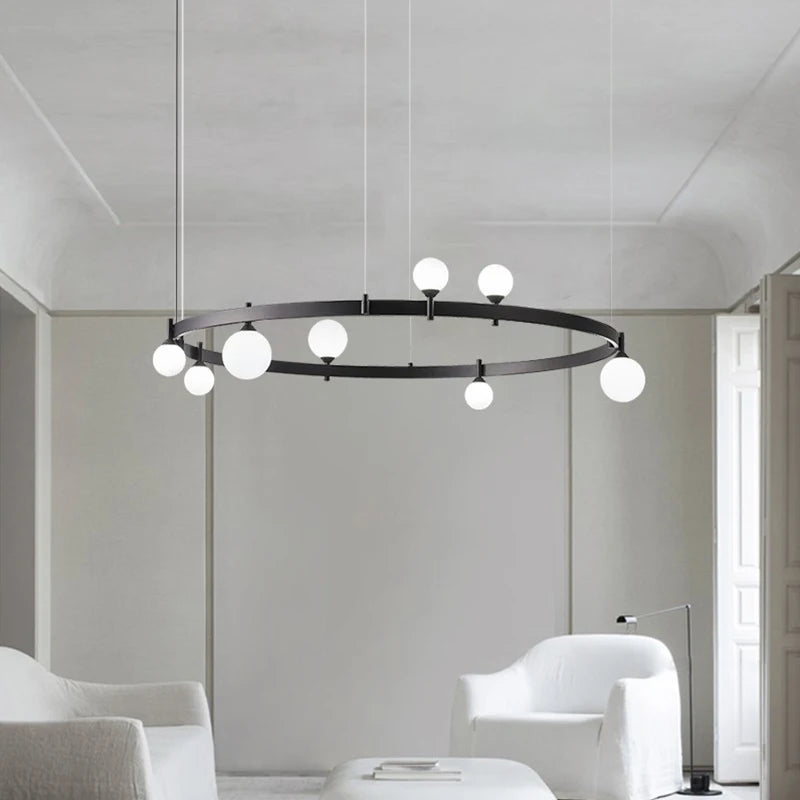 Lámpara minimalista nórdica posmoderna creativa negra para decoración de sala de estar, dormitorio, cafetería, lámpara redonda, comedor, candelabro