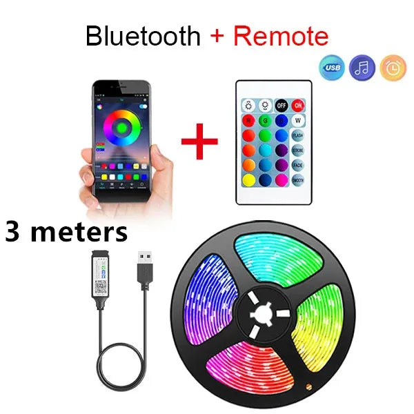 Tiras de luces LED Bluetooth inteligentes SMD 5050 con control remoto por aplicación, cinta flexible de diodos, lámpara de cinta, retroiluminación para TV, sala de juegos y decoración del hogar.