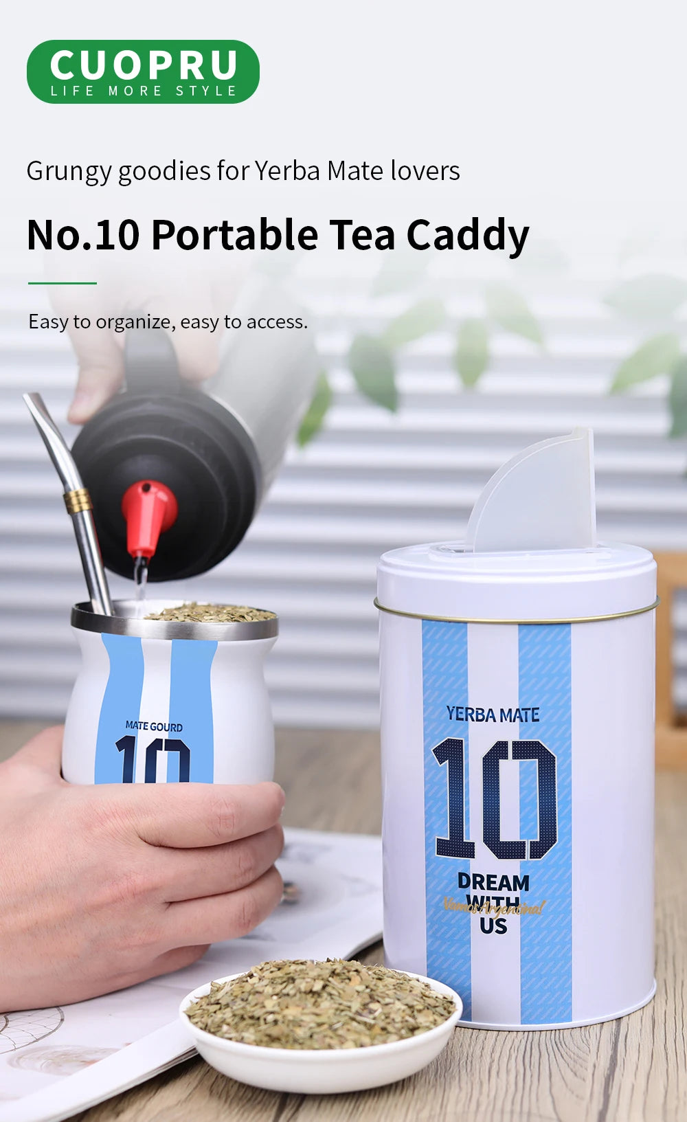 Juego de mate para capitán argentino n.° 10, con calabaza y yerbero, lata de té, bombilla (pajita) y taza de mate.