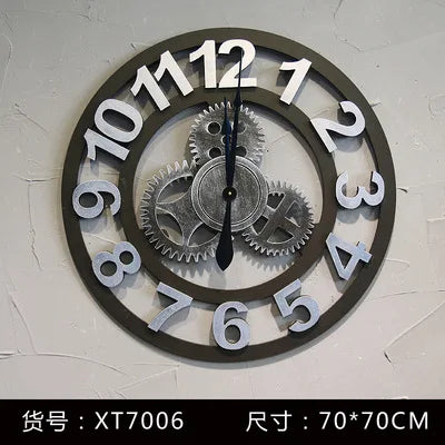 Reloj de pared vintage con engranajes, estilo industrial, de madera y metal, decoración rústica americana para bares o cafeterías.