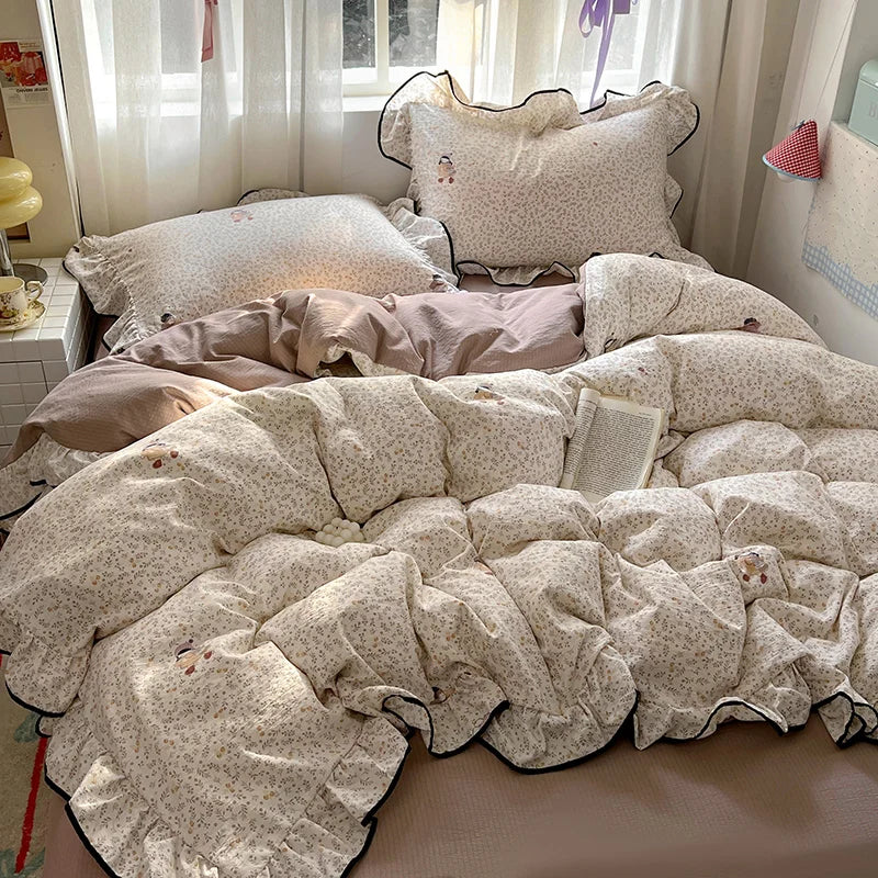 Juego de Ropa de Cama Ruffles Estilo Floral Funda de Edredón Funda de Almohada con Sábana Juego de Ropa de Cama Amigable con la Piel Ropa de Cama para Habitación de Niñas