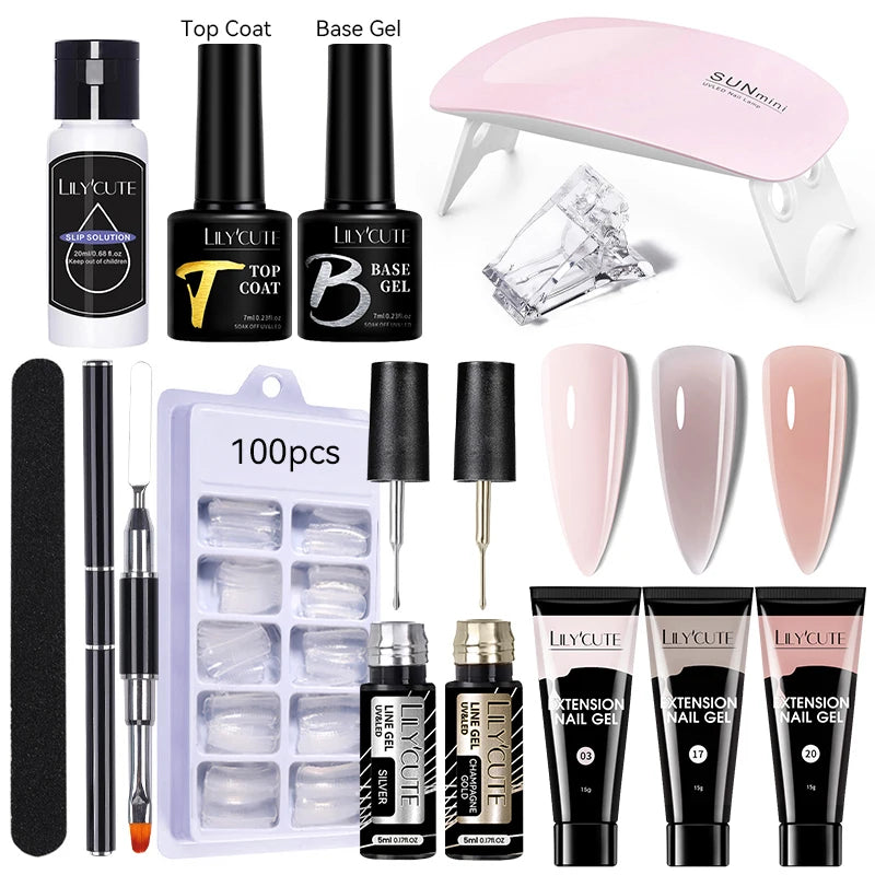 Kit de gel para extensión de uñas LILYCUTE de 15 ml, gel UV, acrílico, blanco, transparente, rosa, esmalte de uñas, lámpara LED, set de manicura para decoración de uñas.