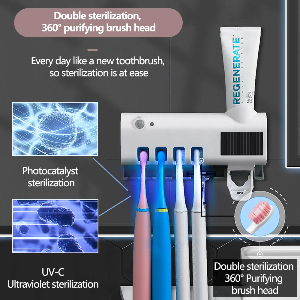 Soporte para cepillos de dientes, dispensador de pasta de dientes, energía solar, caja de almacenamiento para cepillos de dientes de baño, soporte de almacenamiento multifunción, carga USB.