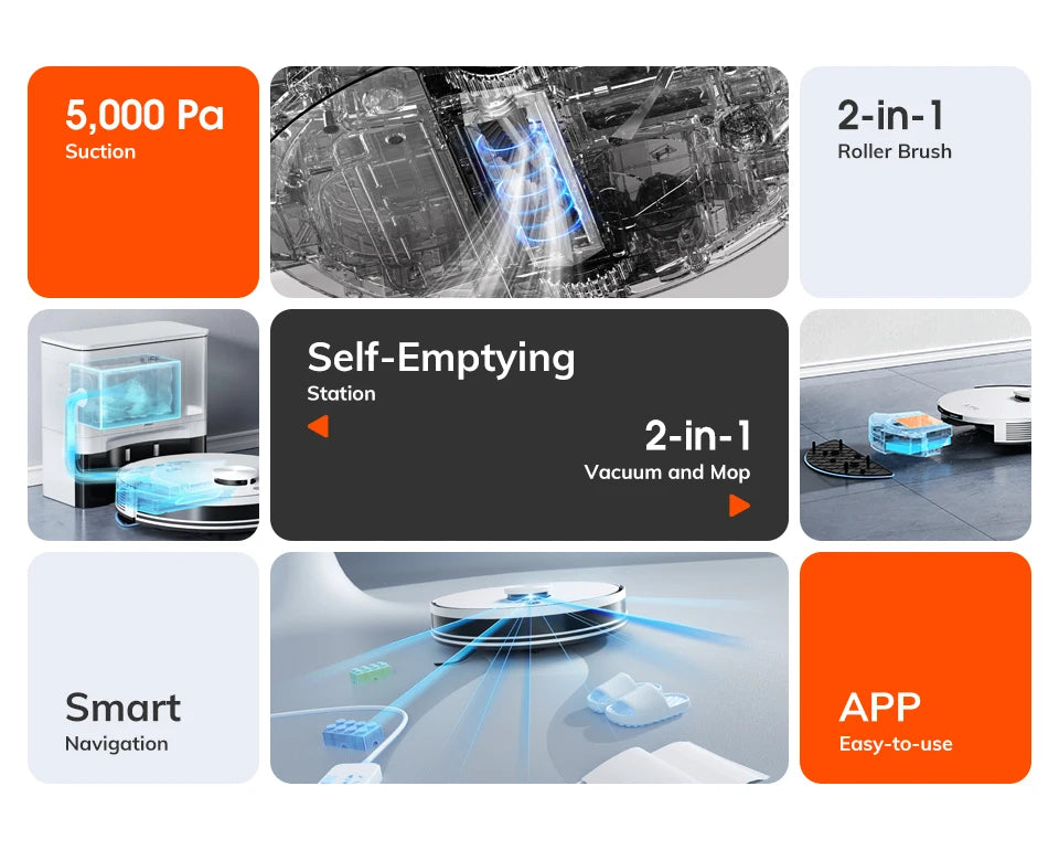 ILIFE A30 PRO, aspiradora y fregona robot con potencia de succión de 5000 Pa, vaciado automático, capacidad para 60 días, control por aplicación/mando a distancia, autonomía de 180 minutos.