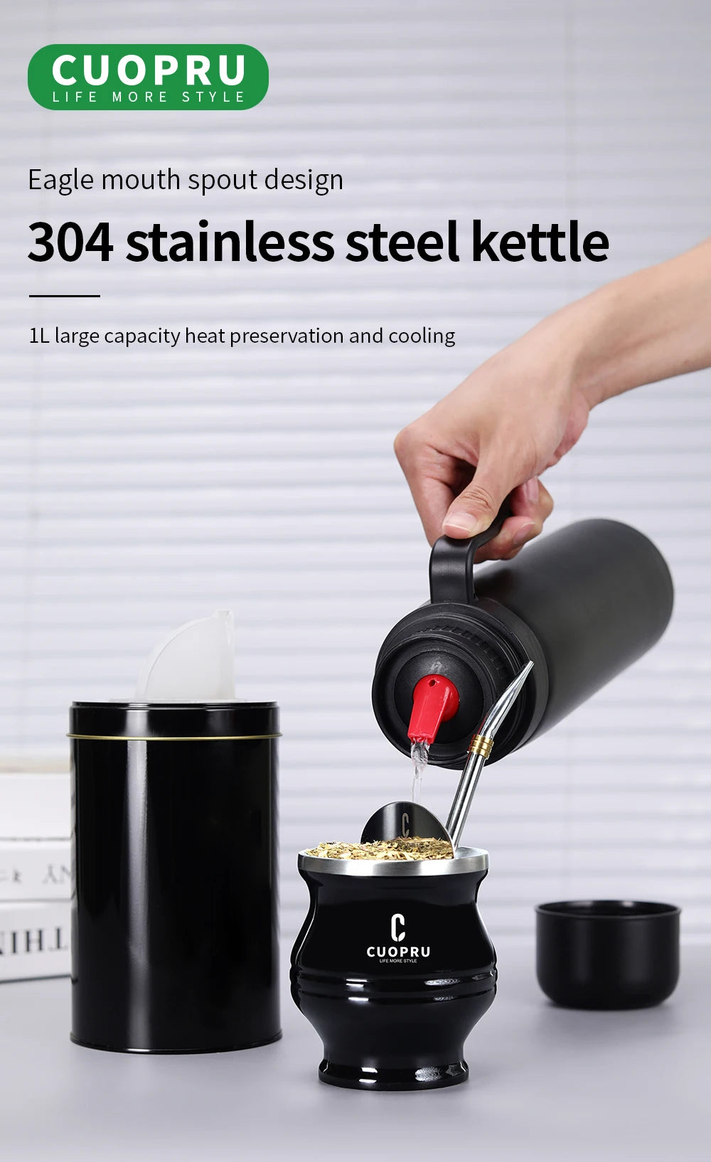 Kit completo de  mate negro: taza moderna de acero inoxidable para mate, termo, recipiente para yerba, juego de moldes para té, bombilla y pajita.