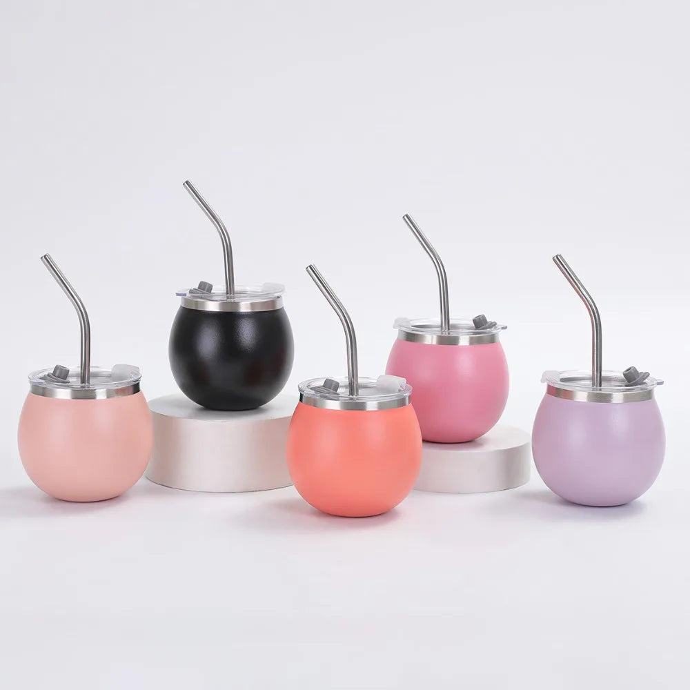 Mate argentino de doble pared de 148 ml (5 oz) de acero inoxidable con aislamiento térmico, pajita y tapa. Ideal para exteriores.