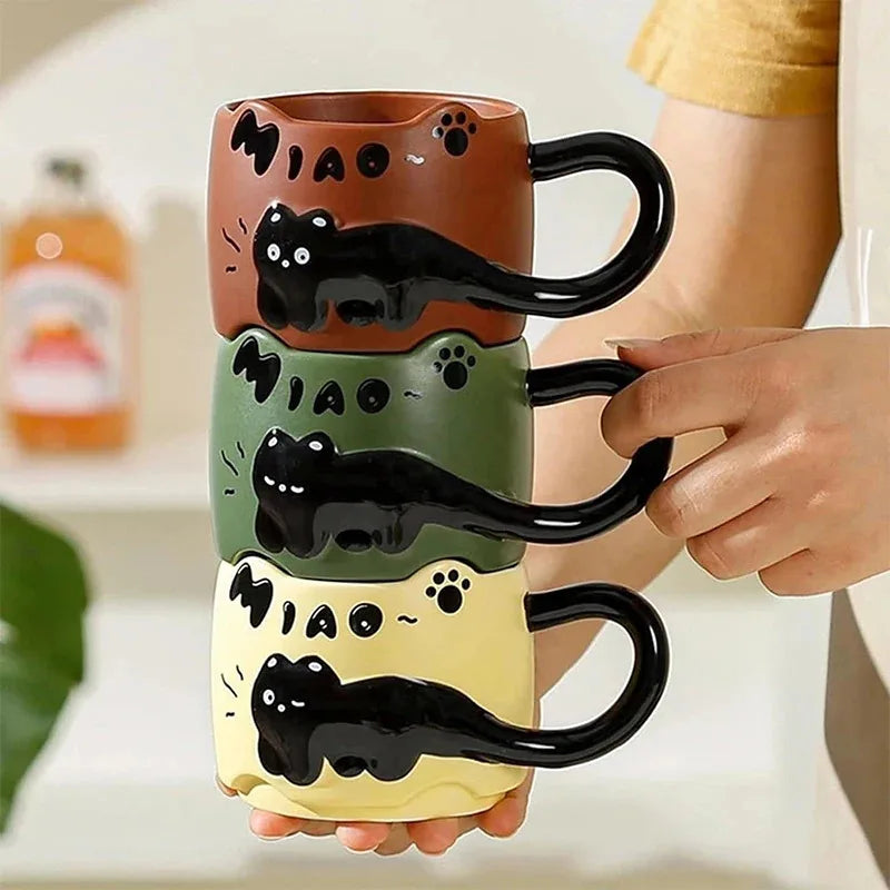 Taza apilable con diseño de gato, taza de café o té con un lindo diseño de dibujos animados, apilable, creativa, adorable, de cerámica, regalo divertido para uso doméstico diario.