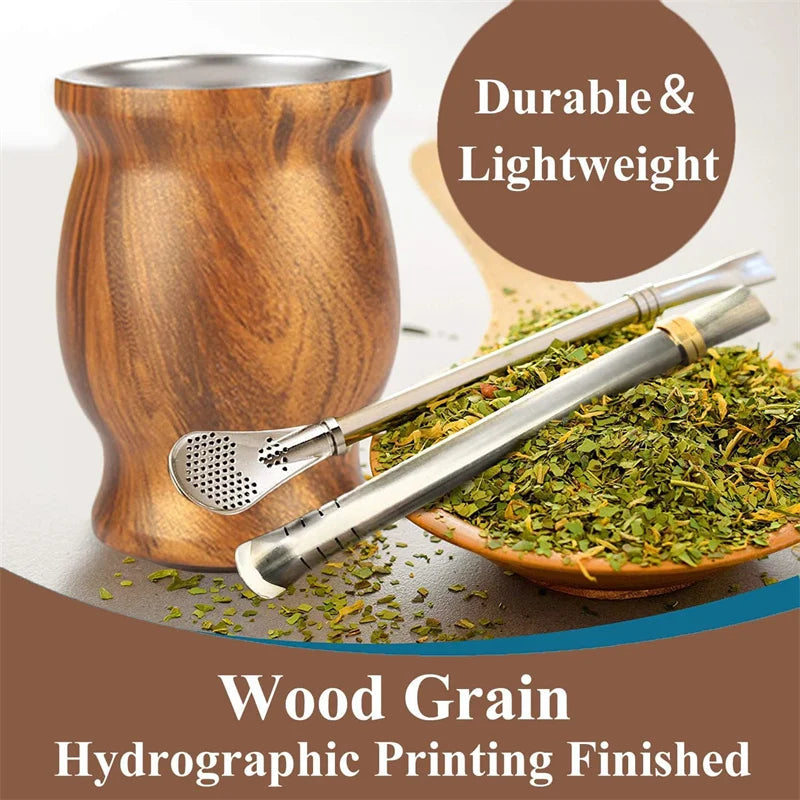 Mate de 8 oz, doble pared de acero inoxidable 304, taza con aislamiento térmico, 2 pajitas y cepillo de limpieza para bebidas.