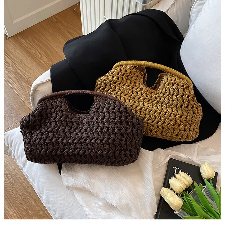 Nuevo bolso de playa de verano para mujer, bolso de mano de lujo de diseñador, bolsos de paja, bolso tote, bolsos de moda de ratán tejido, bolso de viaje para mujer