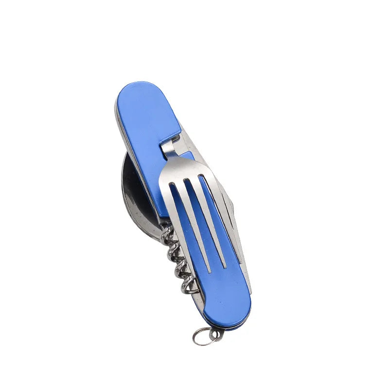 Juego de cucharas soperas 4 en 1: cuchara plegable, cuchillo, tenedor, abridor de botellas, acero inoxidable, kit de bolsillo plegable, vajilla para exteriores.