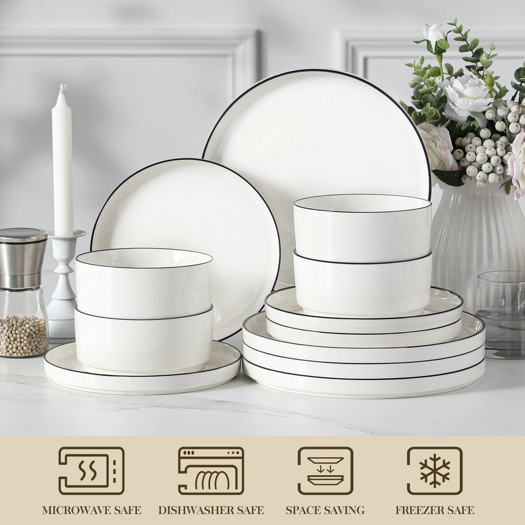 Juego de platos y cuencos MALACASA, 12 piezas, vajilla moderna de porcelana para 4 personas, juego de vajilla para comedor con borde negro.
