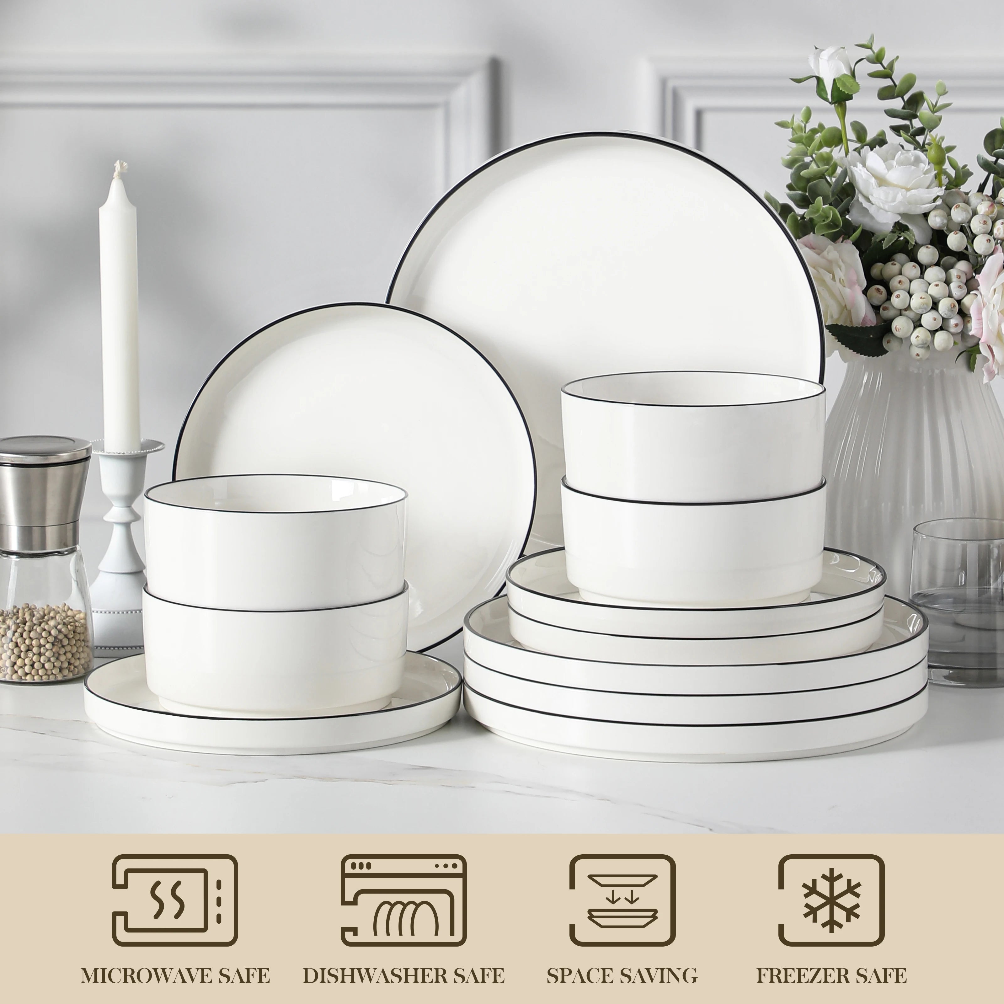 Juego de platos y cuencos MALACASA, 12 piezas, vajilla moderna de porcelana para 4 personas, juego de vajilla para comedor con borde negro.