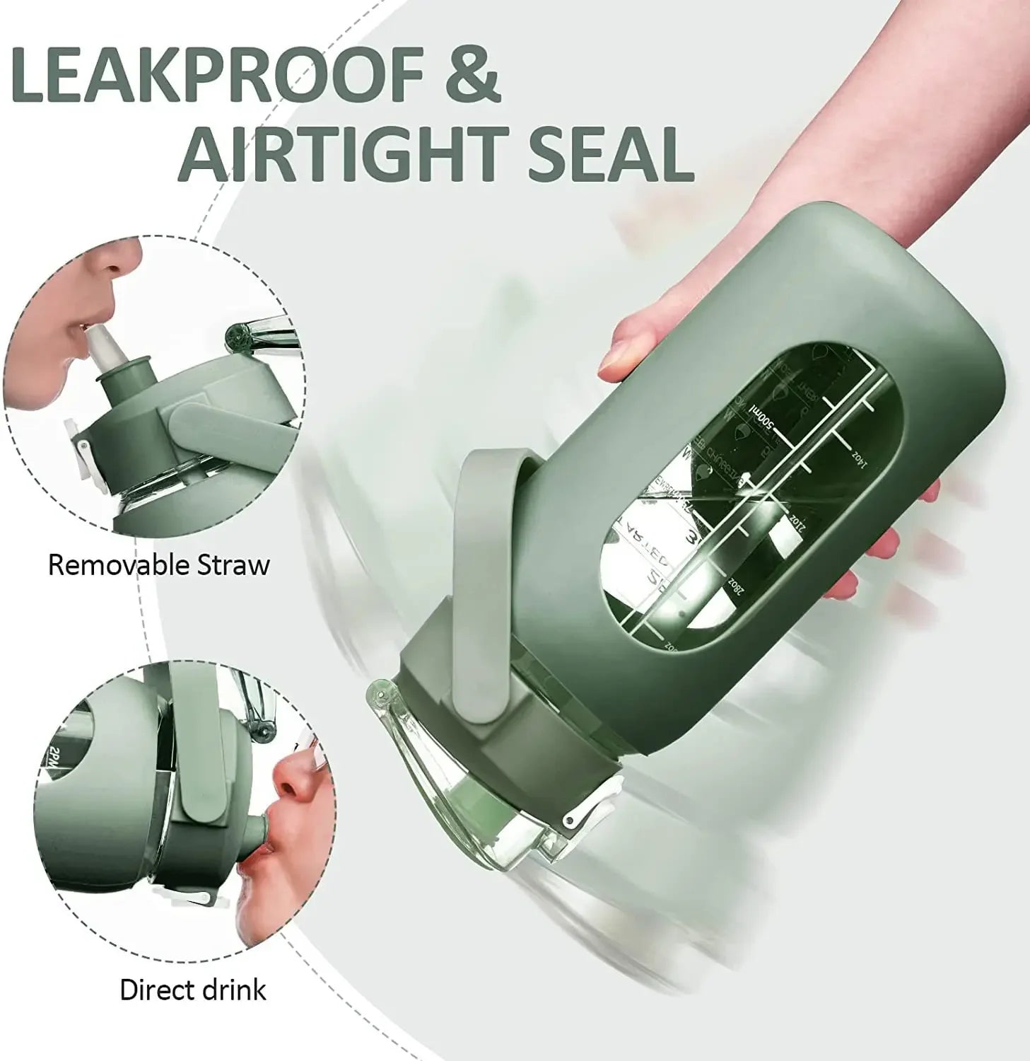 Botellas de agua de vidrio de 1000 ml con pajita, botella de vidrio con funda de silicona y marcador de tiempo, para gimnasio, camping, hogar y oficina.