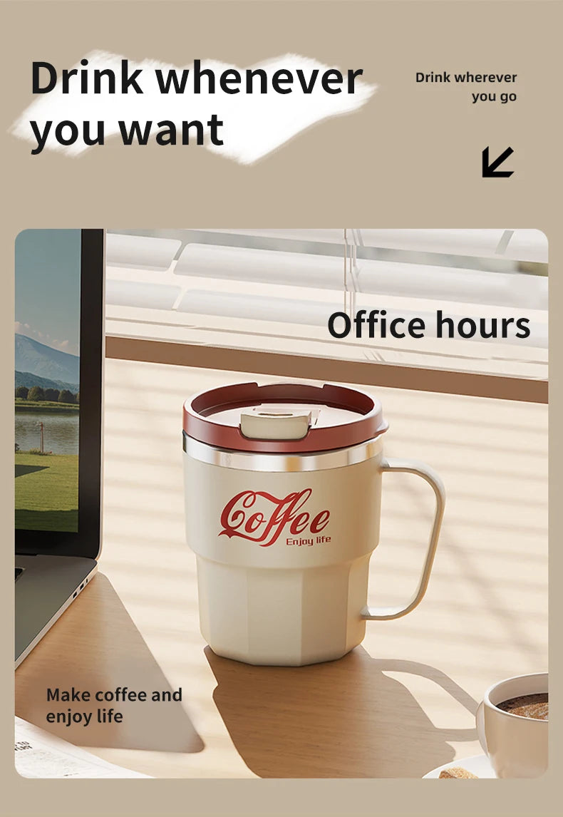 Taza de café WORTHBUY con tapa y asa, de acero inoxidable 304, para té, leche y café, con doble pared aislante y protección anti-quemaduras.