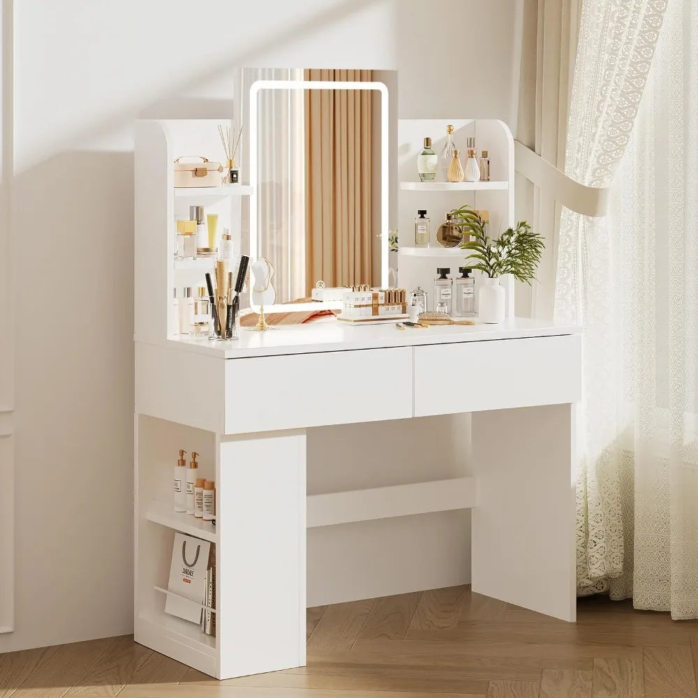 Tocador de maquillaje con espejo y luz LED regulable, tocador de maquillaje con 2 cajones y 4 estantes, estante inferior, mesa de escritorio,