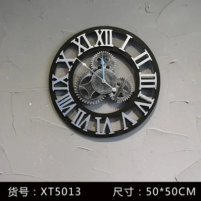 Reloj de pared vintage con engranajes, estilo industrial, de madera y metal, decoración rústica americana para bares o cafeterías.