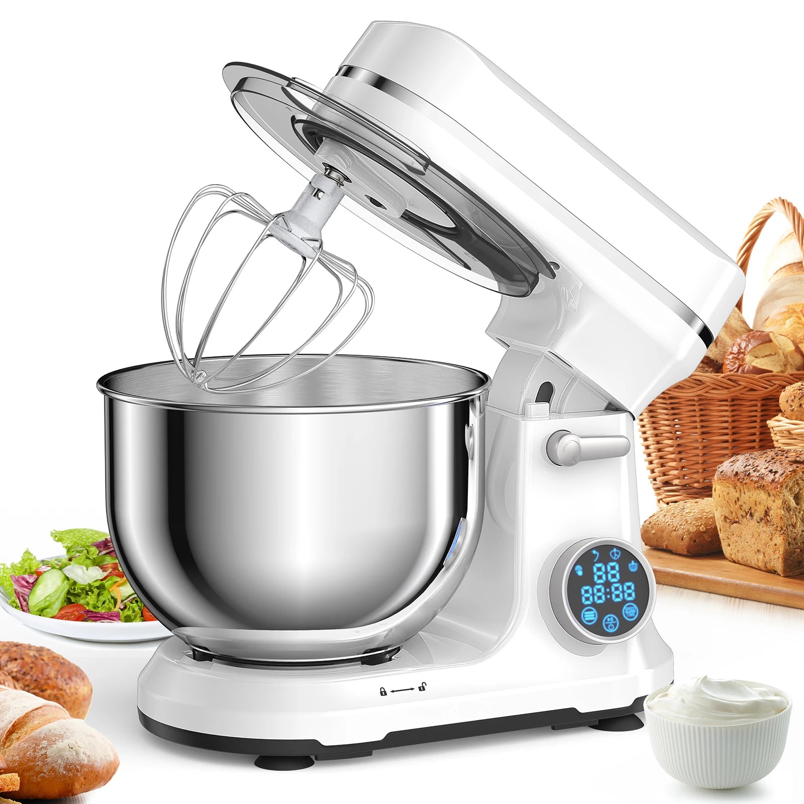Batidora de pie BioloMix Kitchen, motor de CC de 1200 W y 11 velocidades, pantalla digital OLED, batidora eléctrica con gancho amasador y varillas.