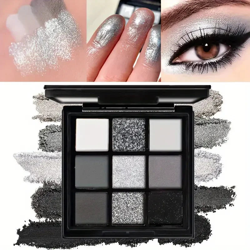 Paleta de sombras de ojos de 9 tonos: Black Swan, Smoky, Dark Black, Grey Silver Glitter, acabado mate, larga duración y fácil de aplicar.