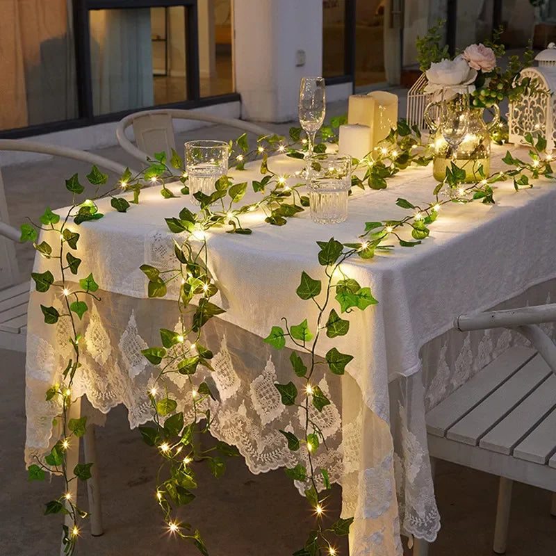 Guirnalda de luces de flores y hojas verdes, luces artificiales de hadas con forma de enredadera, luces de Navidad a pilas para decoración del hogar y bodas.
