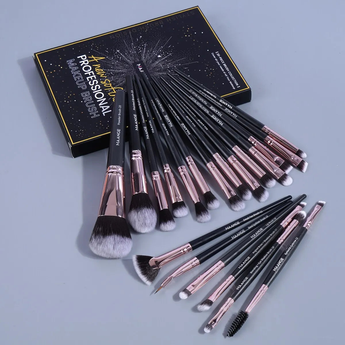 20 brochas de maquillaje con caja, herramienta profesional para difuminar polvos, sombras de ojos, base de maquillaje y colorete.