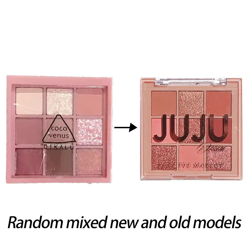 Paleta de sombras de ojos de nueve colores con perlas, brillo sutil, destellos superpuestos, purpurina brillante y colores vibrantes. Nueva.