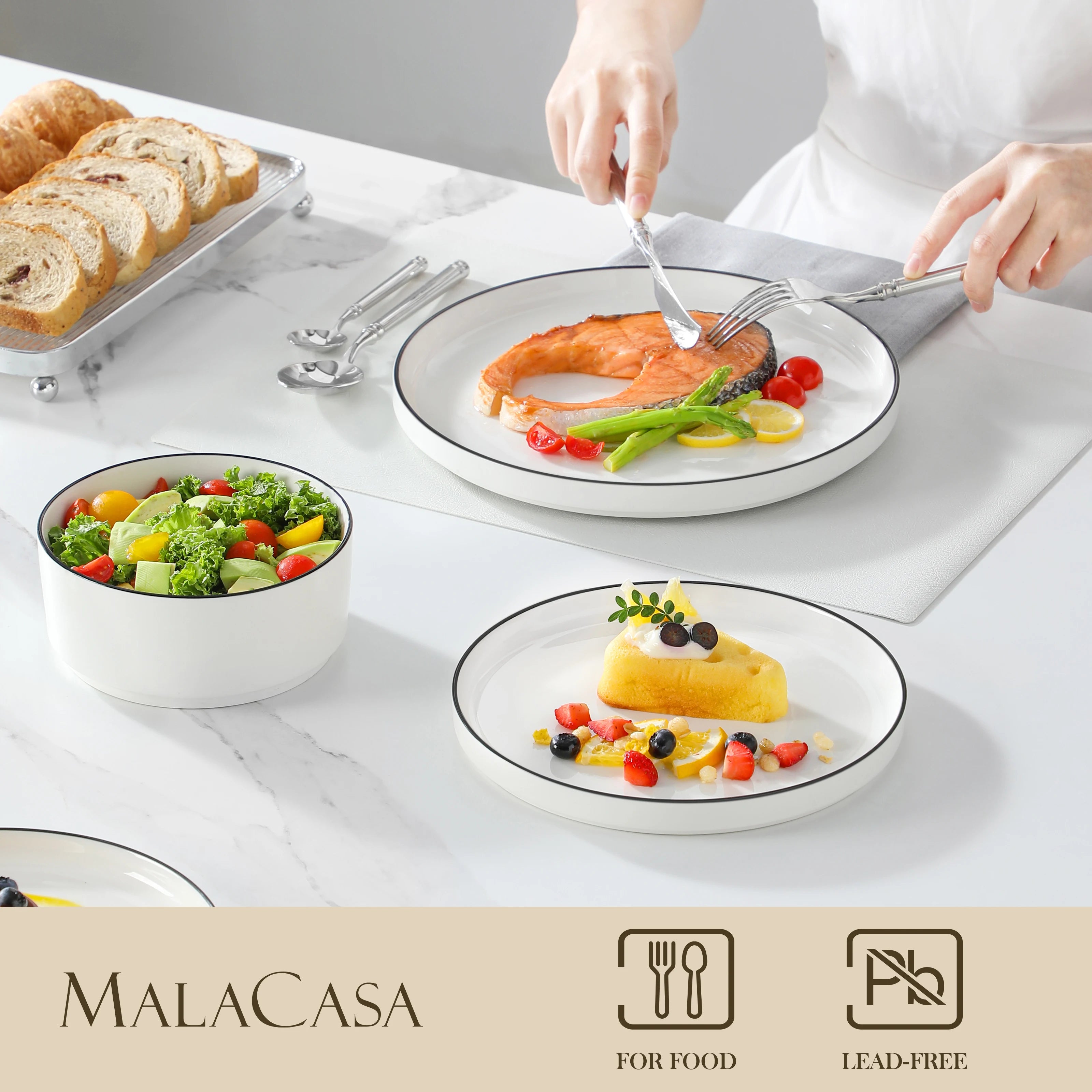 Juego de platos y cuencos MALACASA, 12 piezas, vajilla moderna de porcelana para 4 personas, juego de vajilla para comedor con borde negro.