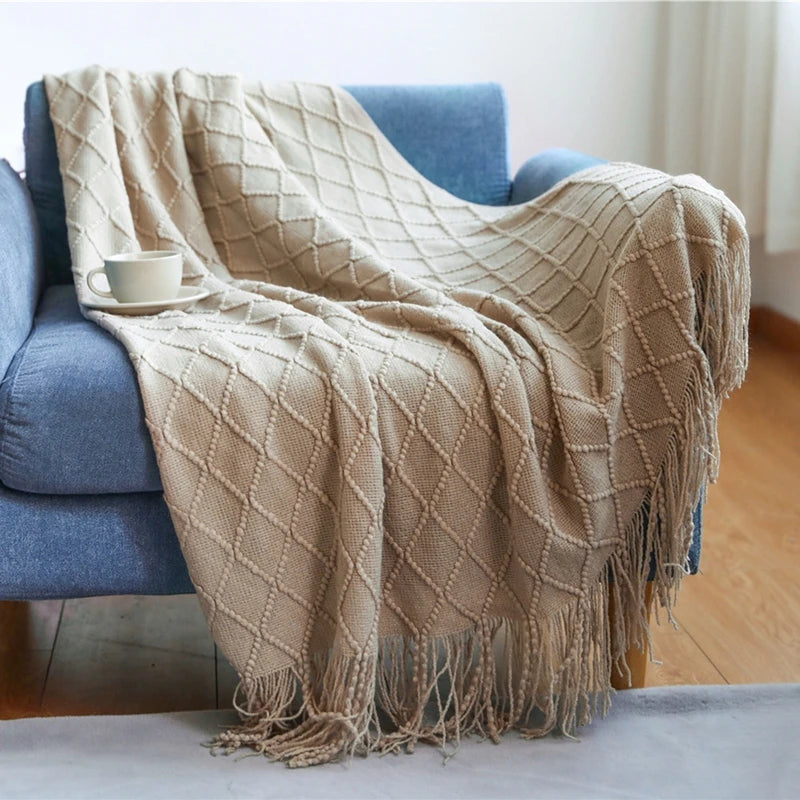 Manta tejida color caqui con borlas, gruesa, de estilo vintage, lujosa, estilo granja, cubrecama extragrande, manta para sofá