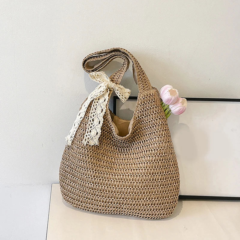 Bolsos de hombro de ratán para mujer, bolsos de mano tejidos para mujer, bolsos de paja de gran capacidad para la playa de verano, bolsos de mano informales.
