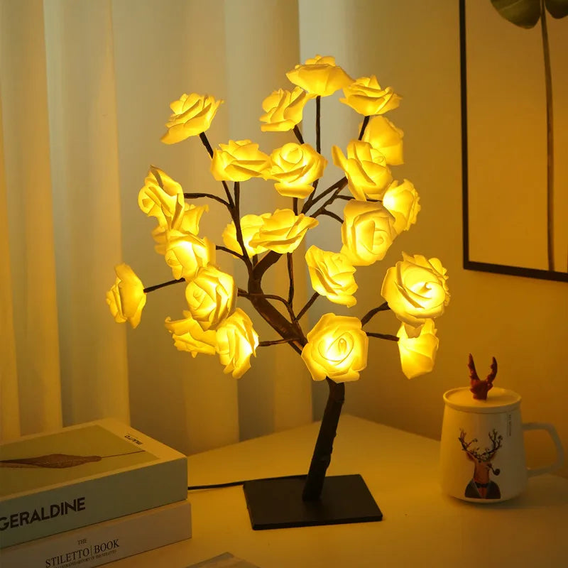 Lámpara de mesa con 24 luces LED de rosas rojas en forma de árbol, luz nocturna de hadas con forma de flor para decoración del hogar, fiestas, Navidad, bodas y dormitorios. Regalo ideal.