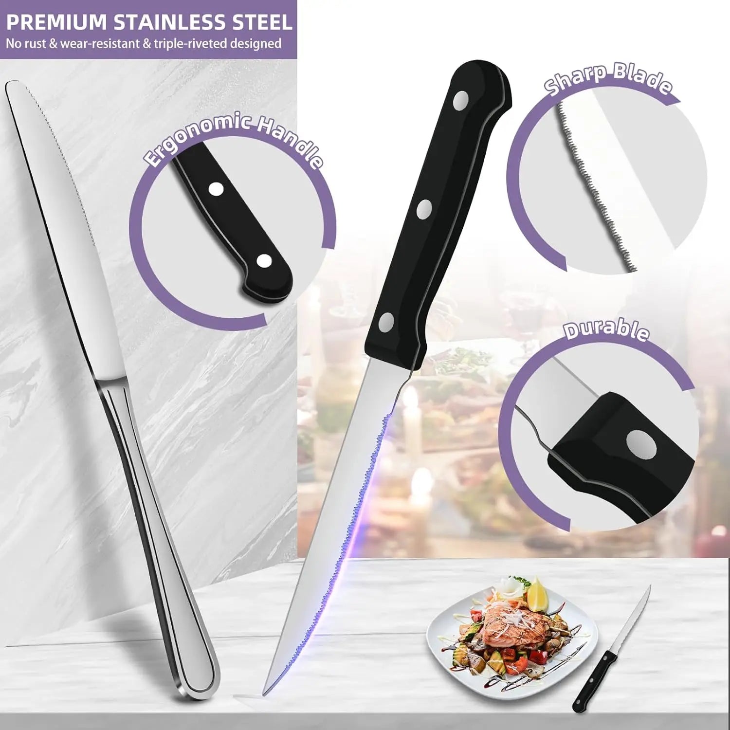 Juego de cubiertos de acero inoxidable de 72 piezas, apto para 12 personas, juego de cubiertos pulidos de alto brillo, con cuchillo para carne, apto para lavavajillas.