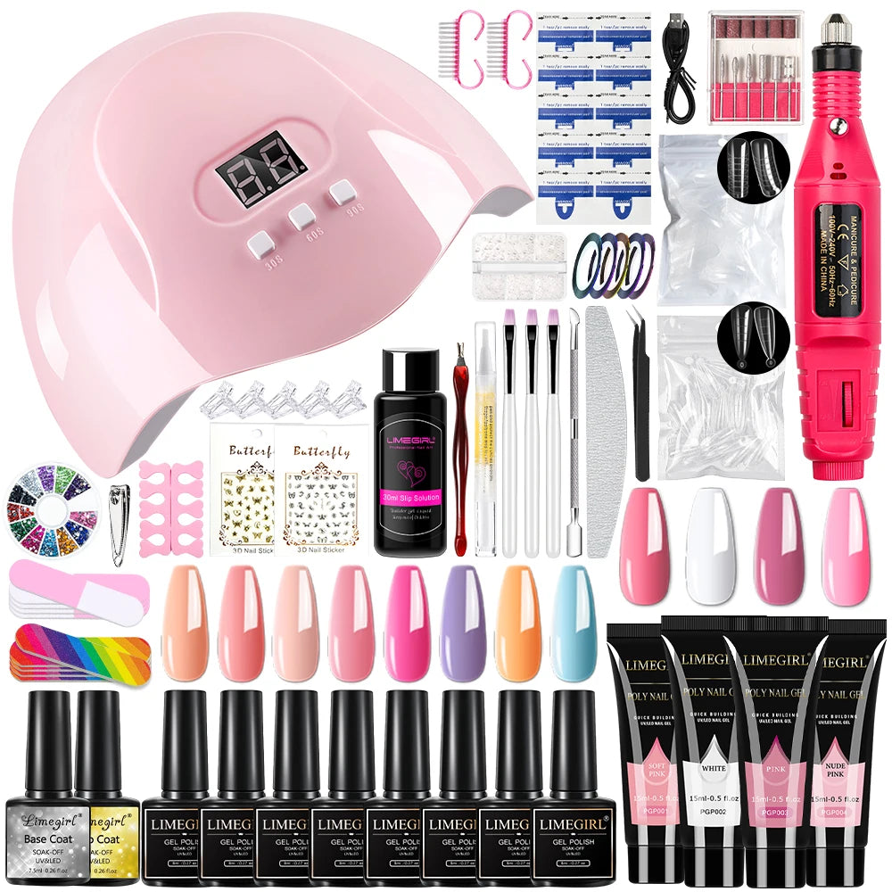 Kit de esmaltes de uñas en gel UV LIMEGIRL con lámpara UV y máquina perforadora, base y capa superior para manicura, esmalte de uñas en gel, kit acrílico de fácil remoción.