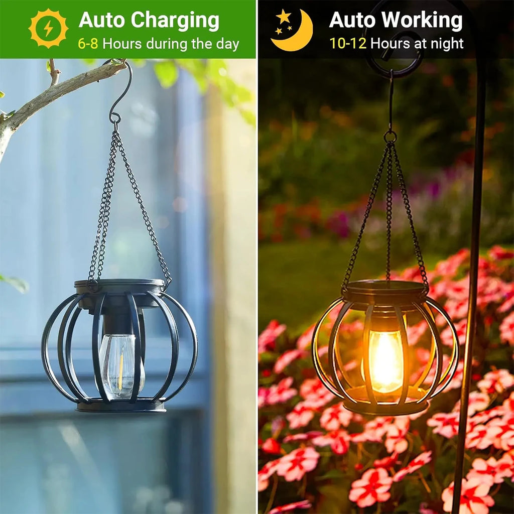 Linterna solar exterior impermeable con luz LED, lámparas de jardín de 3000k con sensor de luz diurna y cadena duradera para exteriores. Carcasa metálica hueca.