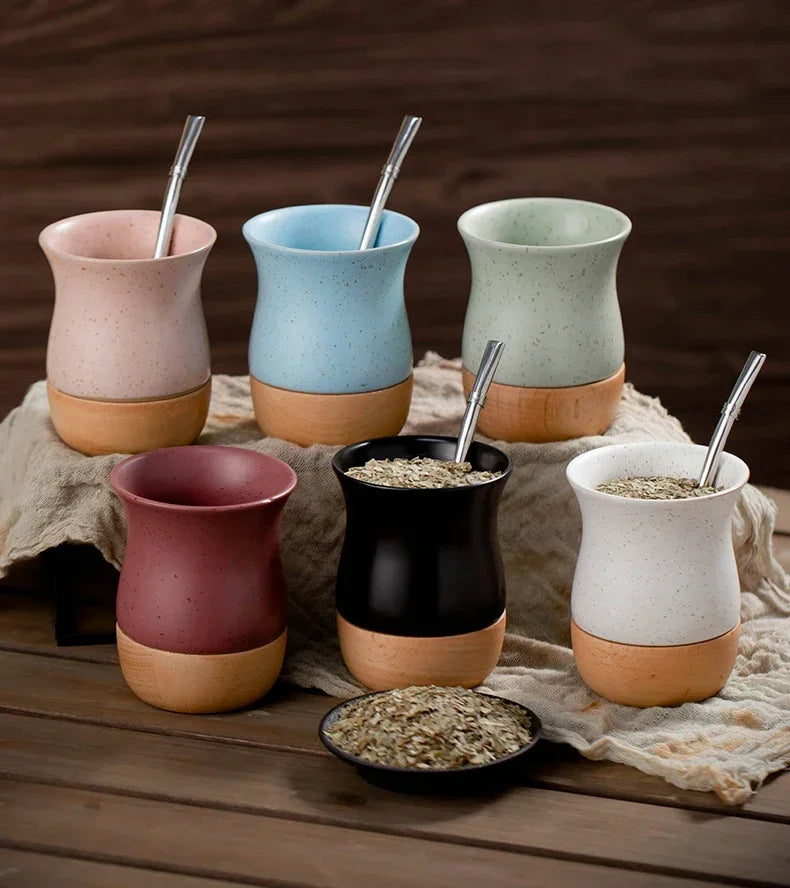 Mate   de acero inoxidable y cerámica con pajita 260 ml, cuchara y base de madera para leche, agua y té.
