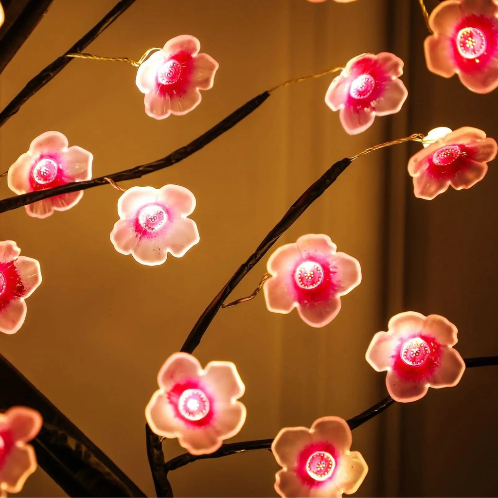 Lámpara de mesa con forma de árbol, alimentada por USB/pilas, con interruptor táctil, bonsái artificial de cerezo en flor, lámpara de escritorio LED decorativa.