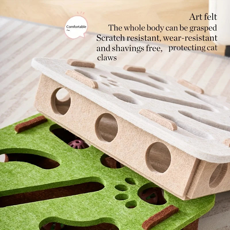 Juguete interactivo de fieltro para gatos con forma de rompecabezas, caja de juguetes con laberinto, túnel, campana y pelota. Juguete de entretenimiento para gatos para interiores.