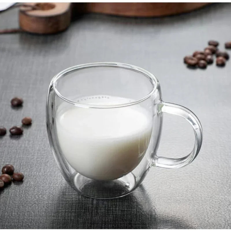 Taza de vidrio de borosilicato de doble pared transparente resistente al calor con asa, ideal para café, leche, zumo o agua. Regalo perfecto para amantes del café.