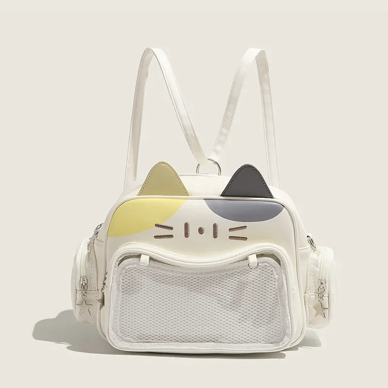 Mochilas de moda para mujer Y2K estilo coreano/japonés Kawaii con gato, bolso Ita de PU, lindas chicas, bolsillo transparente, estéticas, bolsos de hombro y bandolera