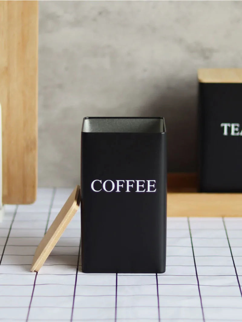 Recipiente para granos de café con tapa de bambú, estilo sencillo, tarros de metal para té, café y azúcar, lata de té, utensilios de cocina.