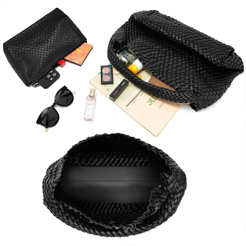 Bolso tote tejido para mujer, bolso de mano grande tejido, bolso de hombro de cuero suave, bolso de compras para el trabajo, bolso tote de playa de verano con monedero