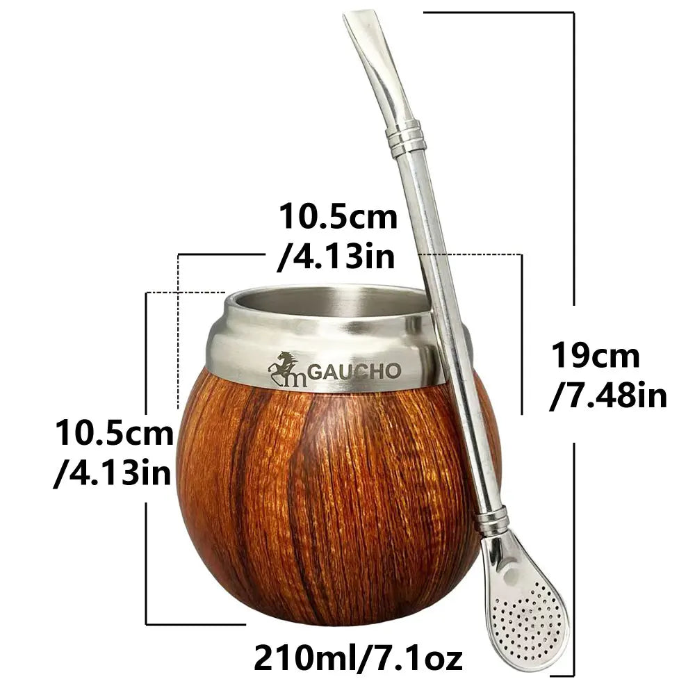 Juego de mate Gaucho Yerba Mate de acero inoxidable con forma de calabaza, 210 ml, aislamiento térmico, filtro extraíble, pajita, bombilla y cepillo de limpieza.