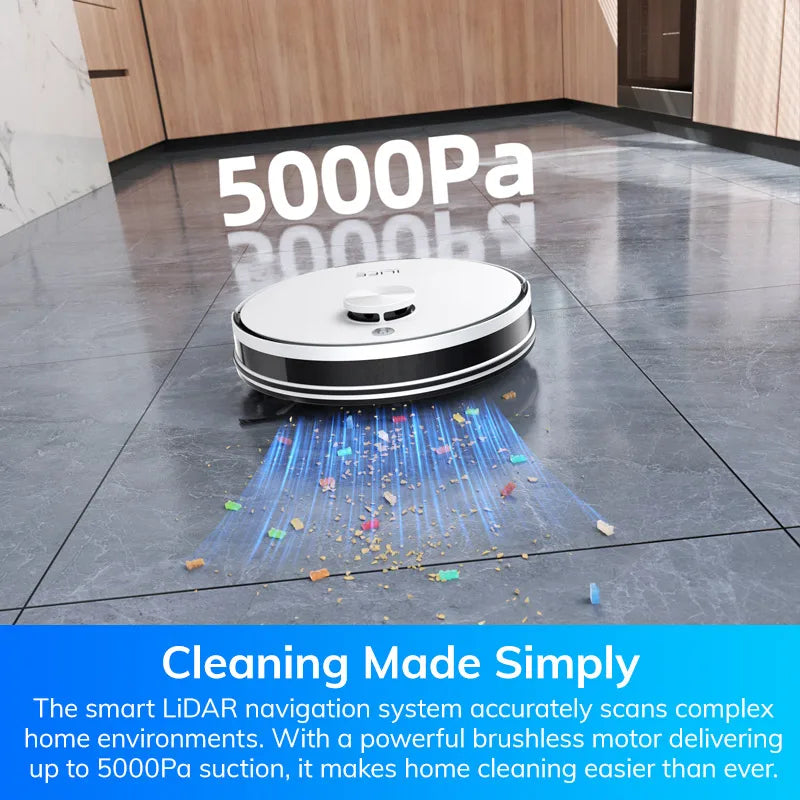 ILIFE A30 PRO, aspiradora y fregona robot con potencia de succión de 5000 Pa, vaciado automático, capacidad para 60 días, control por aplicación/mando a distancia, autonomía de 180 minutos.